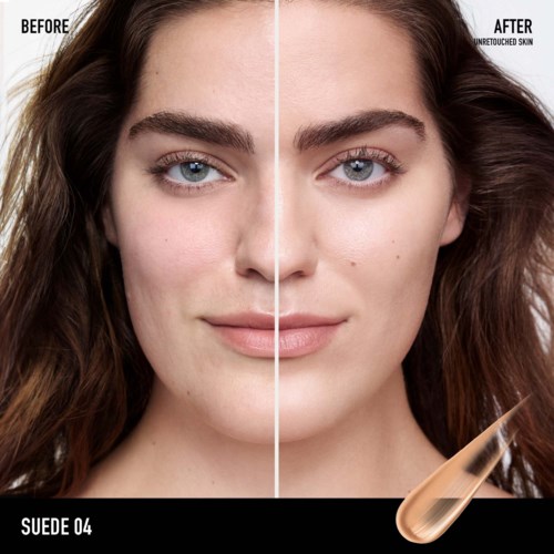 Side-by-side comparison of skin before and after using makeup or skincare product. Clear improvement in skin texture and tone.