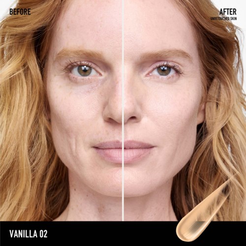 Split image shows before and after of clear skin, brightening, and reduced spots with a skincare product.