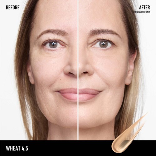 A woman shows before and after skin improvement using wheat 4.5, with clearer and smoother skin on the right.