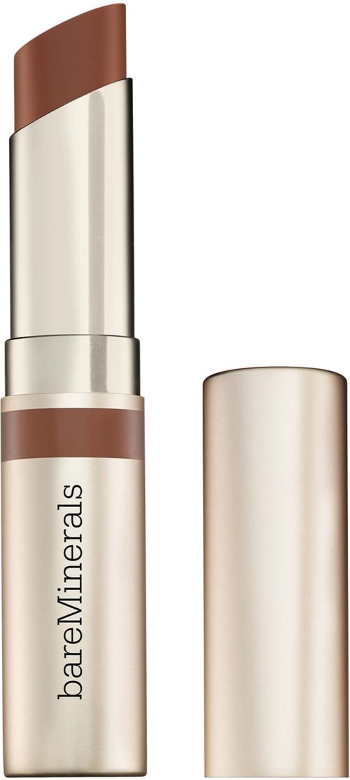 A beige lipstick tube with its cap removed, showing a brown lipstick inside. The brand name is BareMinerals.