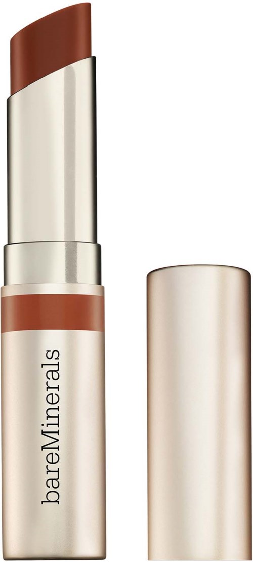 A lipstick with a beige and brown shade in a sleek silver container, labeled BareMinerals.