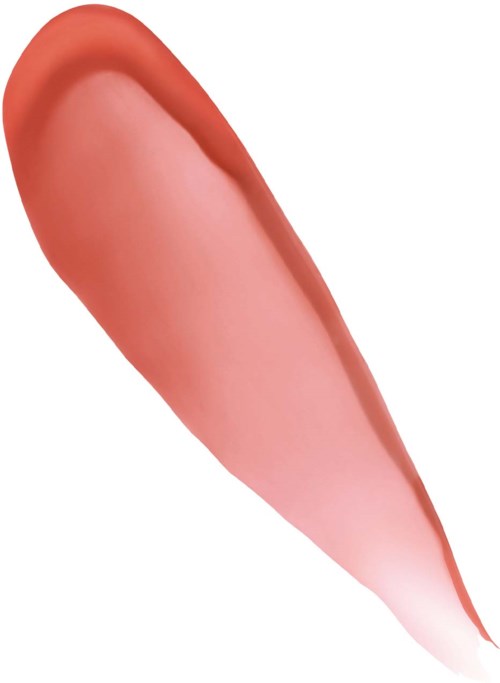 A close-up of a paintbrush with pinkish-orange paint on the bristles.
