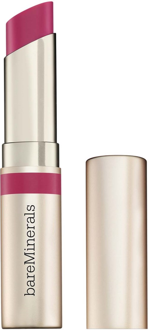 A lipstick with a pink shade and a beige body, showing the brand 'bareMinerals'.
