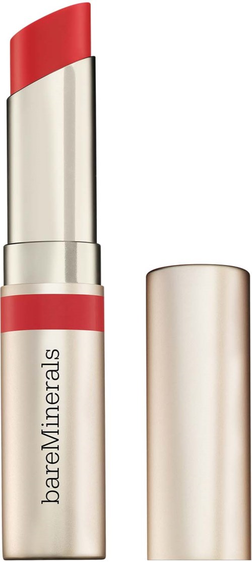 A lipstick with a silver case and red lipstick showing. The brand is bareMinerals.