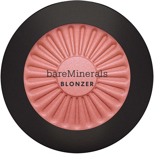 A pink blush with rays design inside a black circular compact, labeled 'bareMinerals BLONZER.'