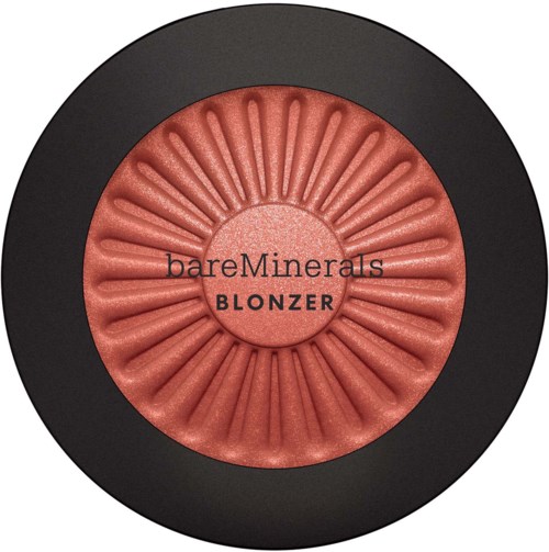 A round container with a pinkish-orange cream, labeled 'bareMinerals BLONZER', inside a black compact.