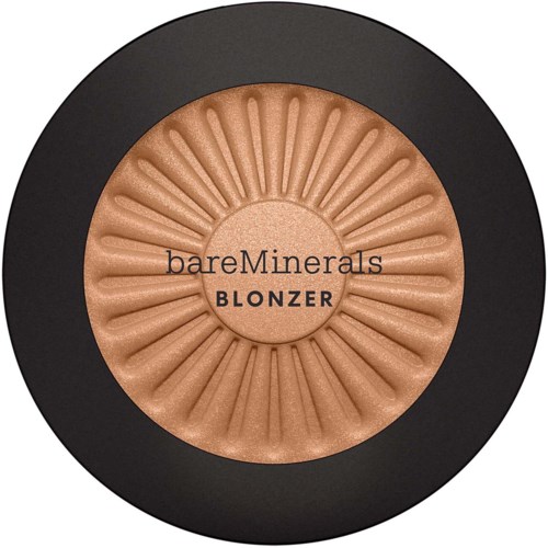 A round cosmetic cushion compact with a brown pressed powder and black border. The center reads 'bareMinerals BLONZER'.