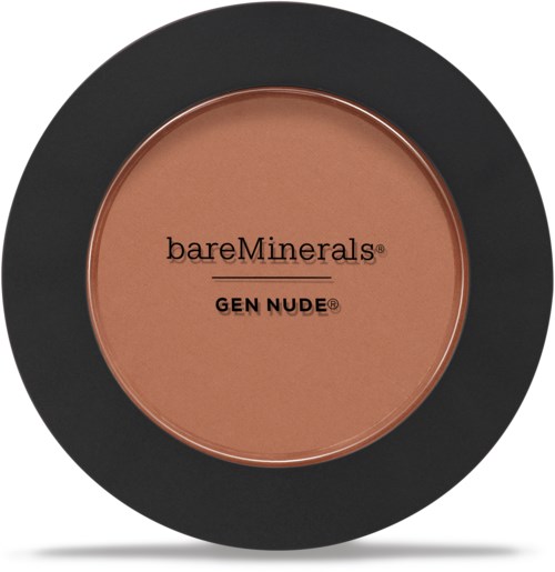 Rund makeup-kompakt med beige puder inuti, märkt 'bareMinerals GEN NUDE'.