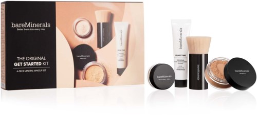 A makeup kit with foundation, powder, brush, and small containers, in a box labeled "bareMinerals," for starting makeup.