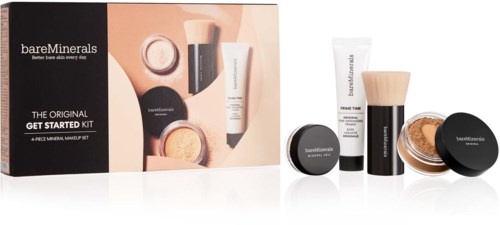 BareMinerals makeup kit with powders, brushes, and creams in a white box.