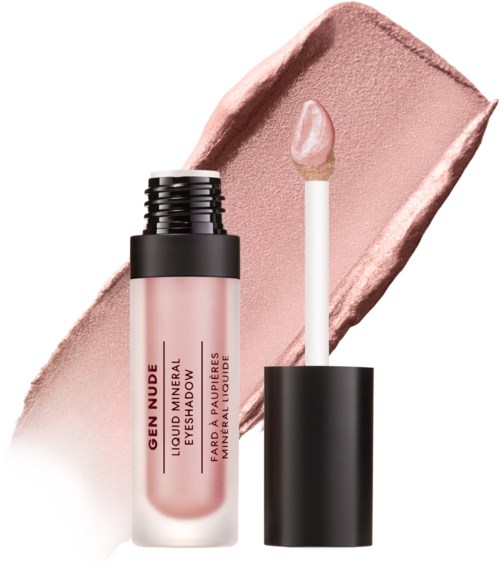 Läppglansrör med svart lock och rosa vätska, med swatchad rosa färg bakom.