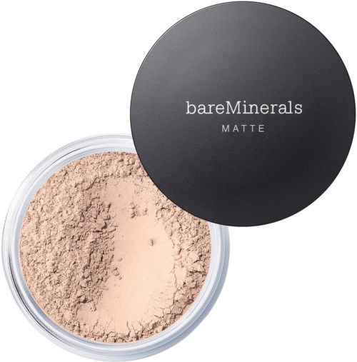 Zeigt eine Dose von bareMinerals Matte loses Puder, mit einem schwarzen Deckel, der den Inhalt teilweise bedeckt.