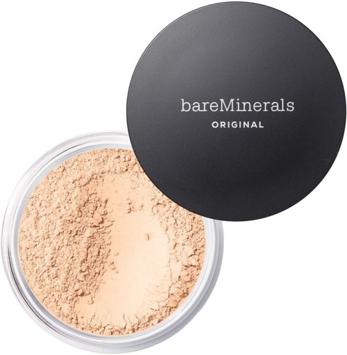 Ein Behälter mit losem Gesichtspuder und schwarzen Deckel mit der Aufschrift bareMinerals Original.
