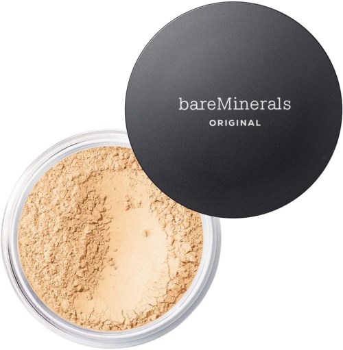Ein Behälter mit losem beigefarbenem Puder und schwarzem Deckel mit bareMinerals Original-Logo.