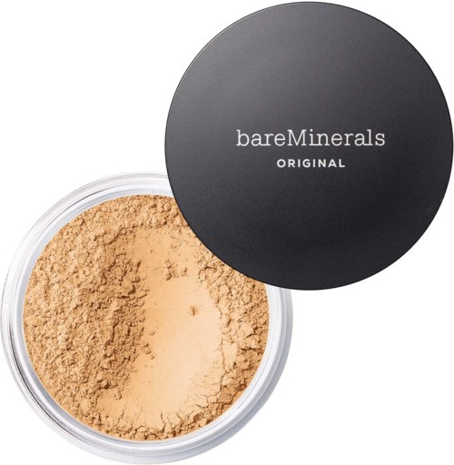 En rund behållare med beige pulver och ett svart lock som säger bareMinerals ORIGINAL.