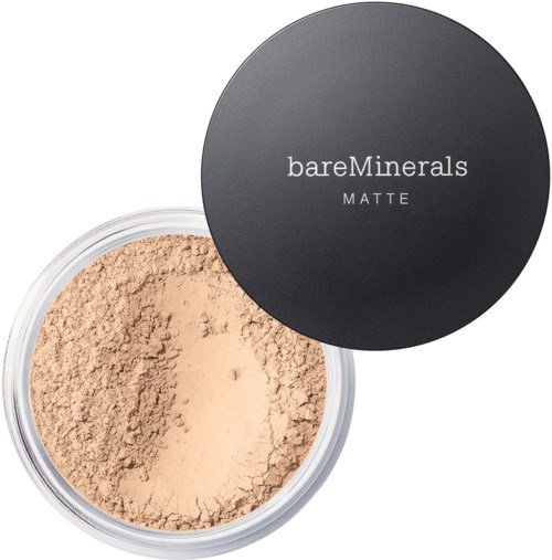 Ein Behälter mit bareMinerals Matt losen Puder mit schwarzem Deckel.