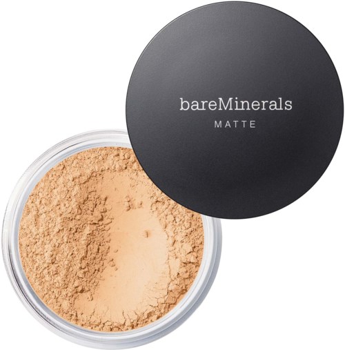Ein Behälter mit beige mattem Puder und schwarzem Deckel mit der Aufschrift bareMinerals MATTE.