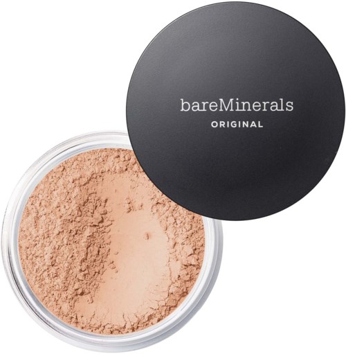 A container of loose powder with a black lid that has white text, labeled bareMinerals Original.