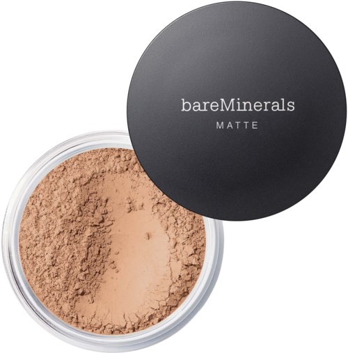BareMinerals Mattes loses Puder in durchsichtigem Behälter mit schwarzem Deckel, zeigt hellbraunen Puder.
