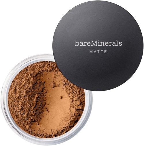 A container of loose brown powder with a black lid labeled bareMinerals MATTE.