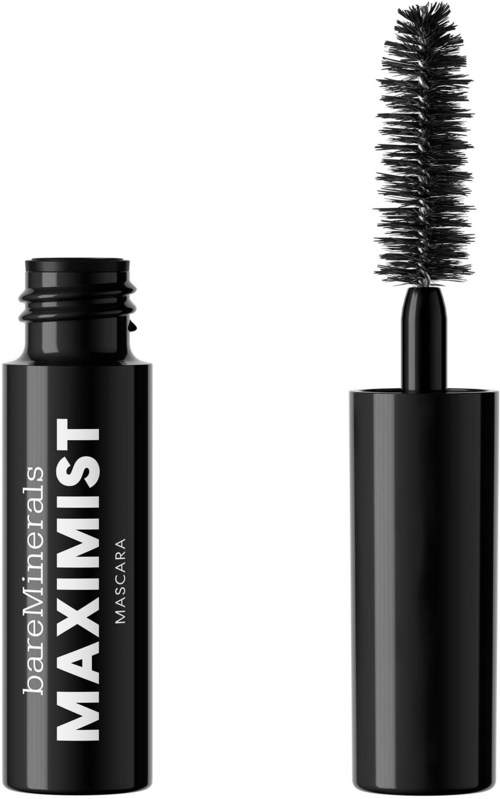Mustapäälonka-mascaraputeli ja harja, merkittynä 'bareminerals MAXIMIST MASCRA'.