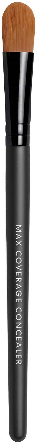 Een make-upborstel met een zwart handvat en bruine haren, gemarkeerd 'MAX COVERAGE CONCEALER'.