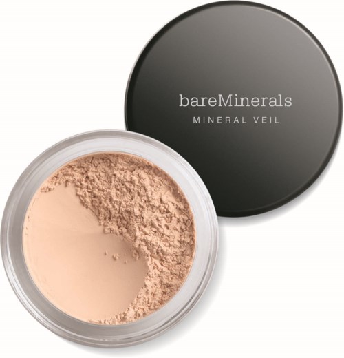 Ein Kompaktpuder mit schwarzem Deckel mit der Aufschrift bareMinerals Mineral Veil.