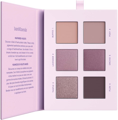 Avaa paletti, jossa on kuusi vaaleanpunaista, violettia ja ruskeaa luomiväriä, merkattuna 1-6.