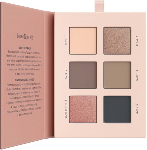 En makeup-palett med sex nyanser vid namn Eco Rui, Shell, Taupe, Dawn, Sandstone och Slate, i en rosa låda.