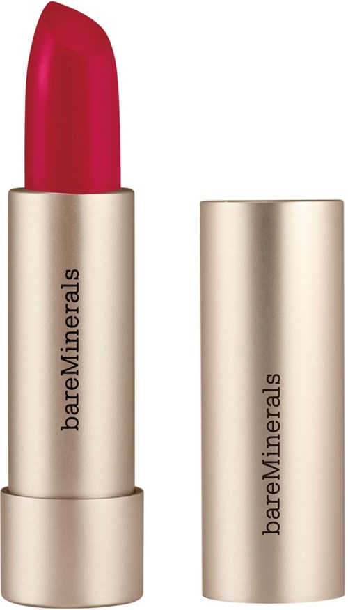 A bright pink lipstick in a silver tube with the brand name 'bareMinerals'.