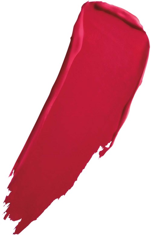 A red lipstick smear, showing a smooth, shiny texture on white background.