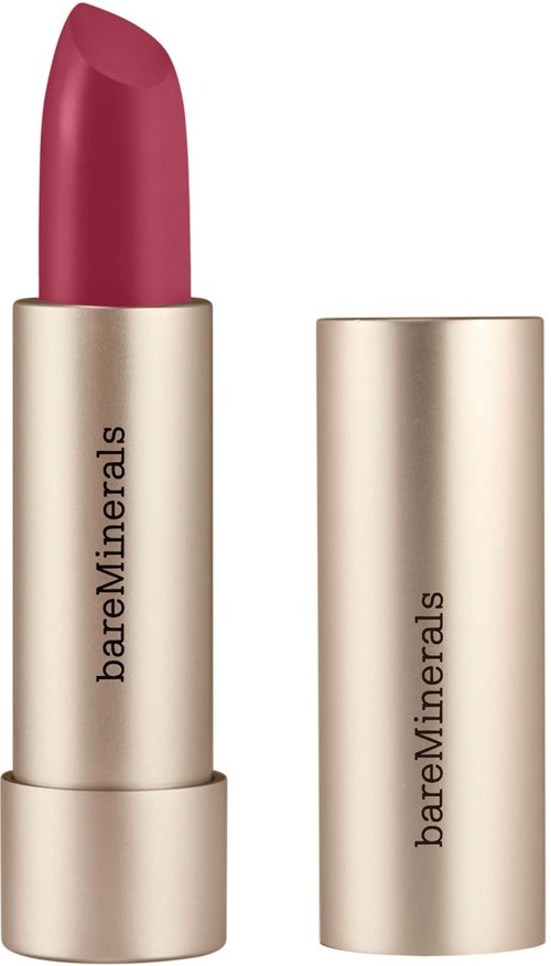 A lipstick in a beige tube with the brand name "bareMinerals," partially opened showing pink lipstick.