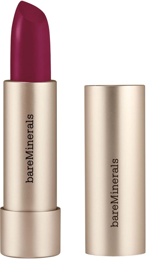 A lipstick in a beige tube with the brand BareMinerals, showing a deep pink color.