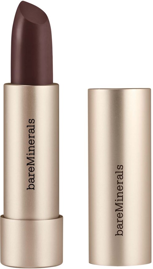A brown lipstick in a gold tube with "bareMinerals" written on it, with the cap off showing the product.
