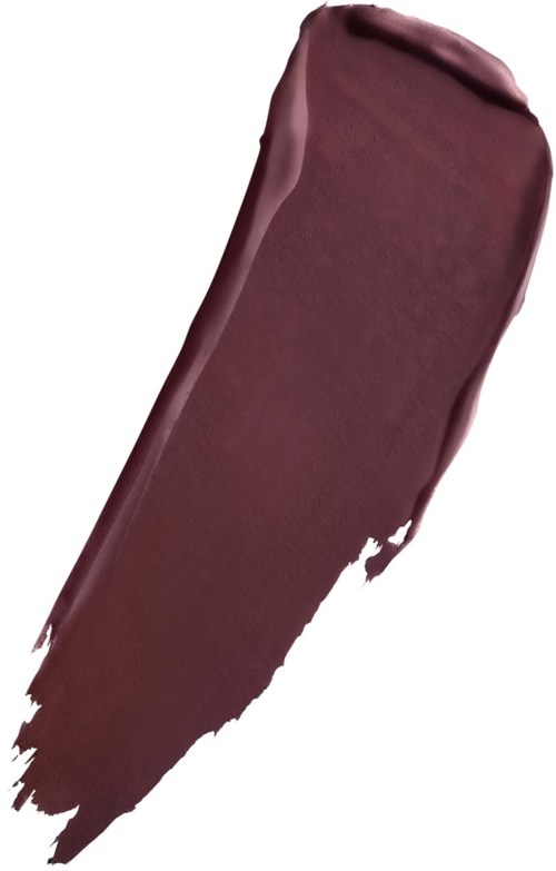 A large, uneven swatch of dark purple lipstick on white background.