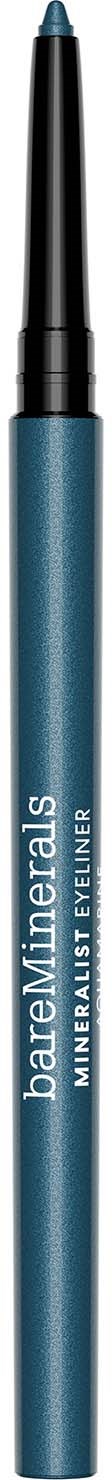 A blue pencil-like eyeliner pen with a cap, labeled BareMinerals MineRaist Eyeliner.
