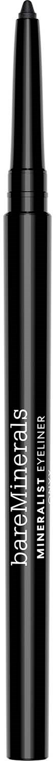 A black eyeliner pencil with white text, standing vertically against a black background.
