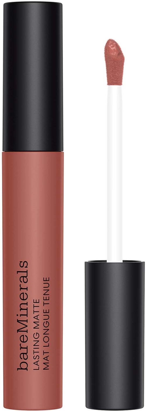 A lip gloss tube with a pinkish shade and a black cap, with the applicator beside it.