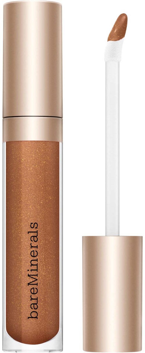 Eine Tube BareMinerals flüssiger Lippenstift mit Applikator, in Gold- und Brauntönen.