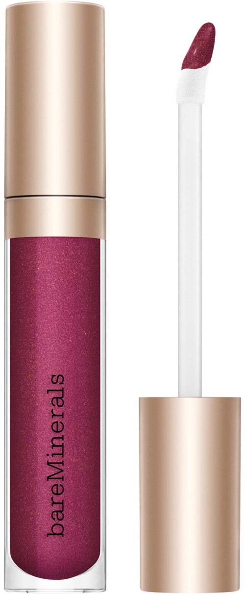 A tube of pink lip gloss with a gold cap and an applicator wand outside.