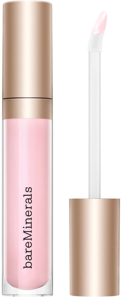 A pink lip gloss tube with a white wand applicator and a gold cap.