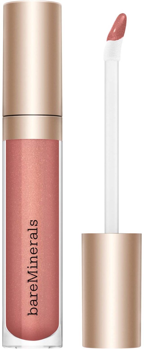A lip gloss from bareMinerals, with a light pink color and a gold cap. The applicator is showing some gloss.