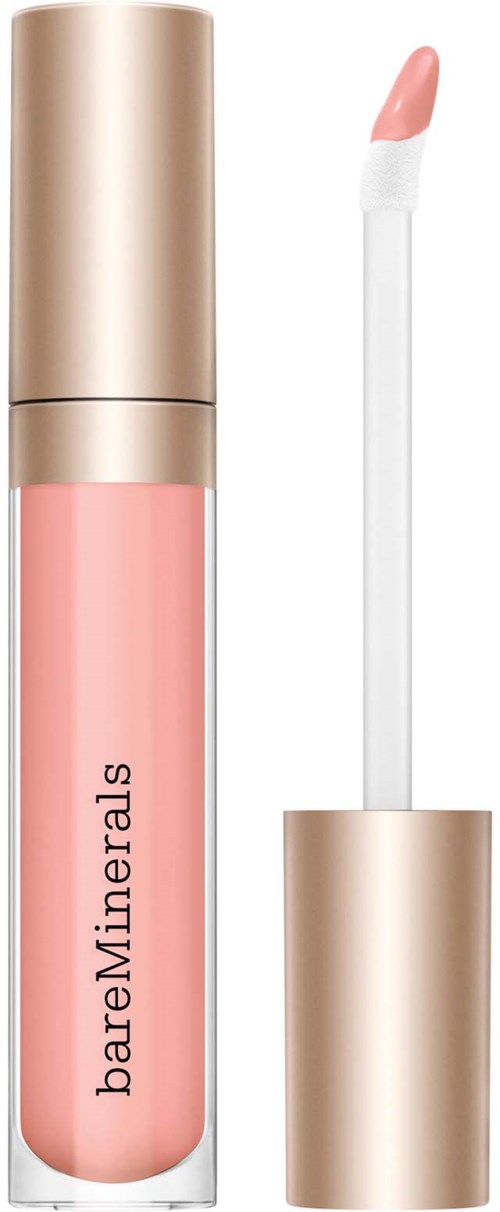 A lip gloss tube with a gold cap and light pink gloss. The wand with gloss is next to it.