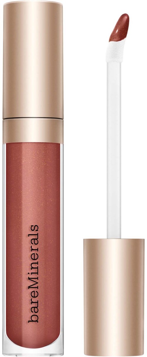 A lip gloss tube with a clear window showing pinkish lip gloss and a white wand applicator.