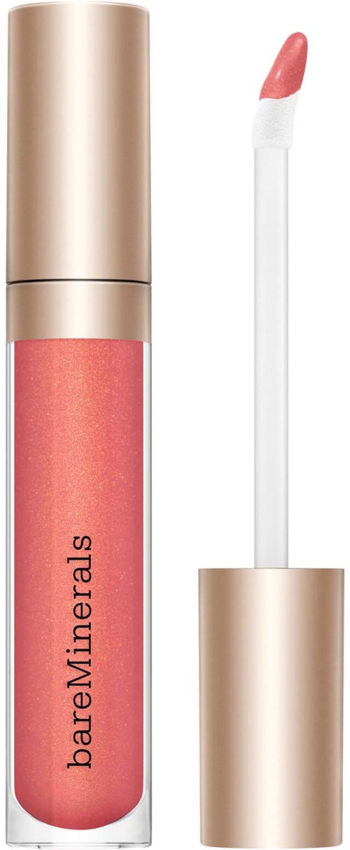 A lipstick tube with a coral-colored, shimmery gloss and a gold cap. The applicator is separate and has soft pink product.