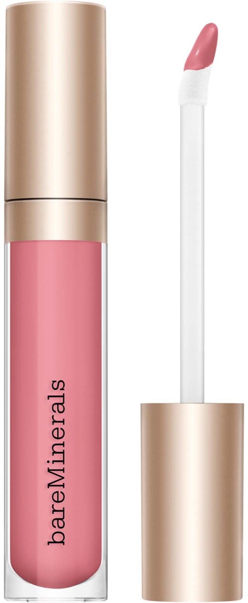 A pink lip gloss with a gold cap and a white applicator stick.