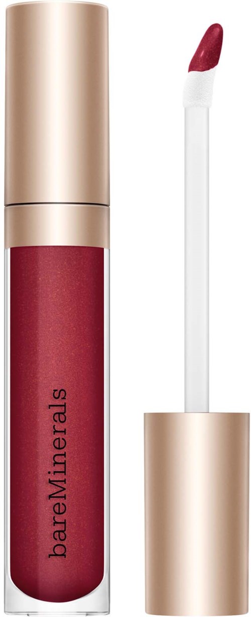 A red lipstick in a beige case with a floating wand and a red tip. BareMinerals logo on the tube.