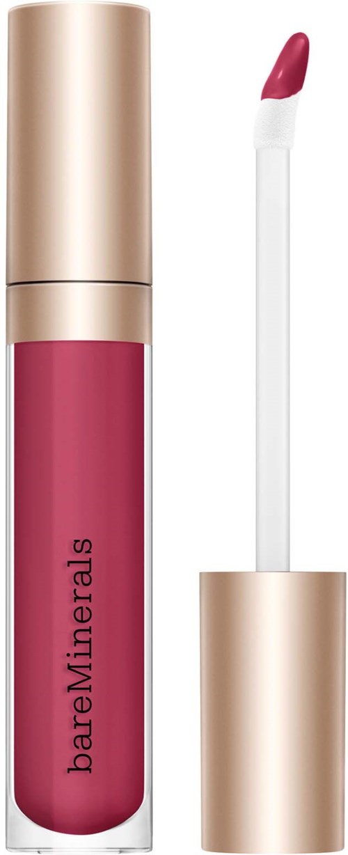 A pink liquid lipstick container with a white applicator wand showing some lipstick. The container is labeled 'bareMinerals' and has a gold cap.