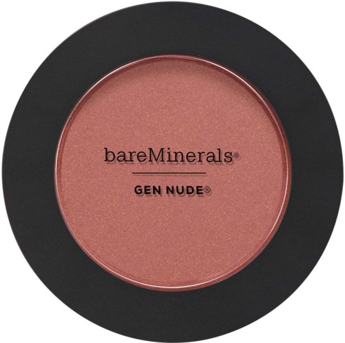 A blush compact with a pink shade labeled bareMinerals GEN NUDE, in a black round case.