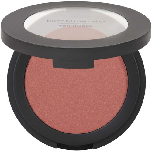 A round makeup compact with pink blush inside and a clear lid showing the brand BareMinerals.